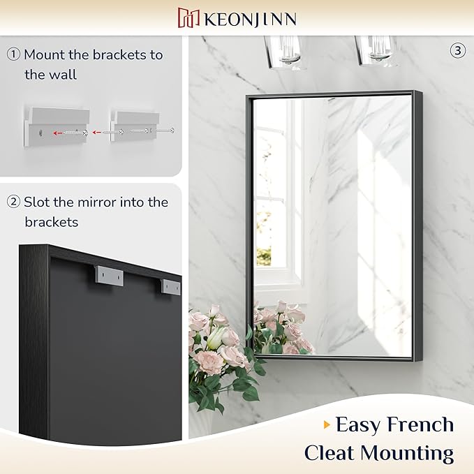 Keonjinn 40x30 Inch Black Bathroom Mirror for Over Sink, Rectangular | HD Tempered Glass, Vanity Mirror, Brushed Framed, Square Corner, Modern Farmhouse, Wall Mounted Mirrors, Aluminum Alloy