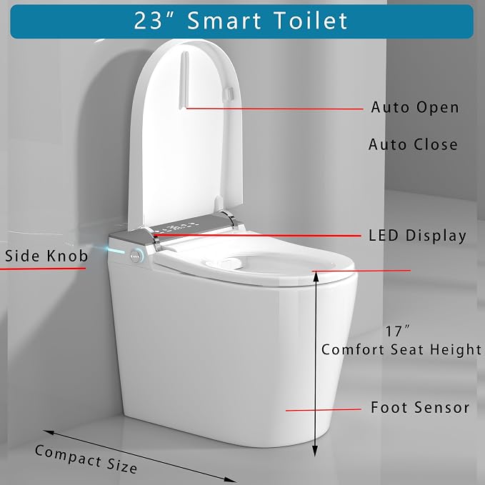 WinZo 23" Compact Smart Toilet with Bidet Seat Built-in For Small Bathroom, Auto Flush, LED Night Light,Heated Bidet with Warm Air Drying (White with Grey Panel)
