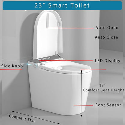 WinZo 23" Compact Smart Toilet with Bidet Seat Built-in For Small Bathroom, Auto Flush, LED Night Light,Heated Bidet with Warm Air Drying (White with Grey Panel)