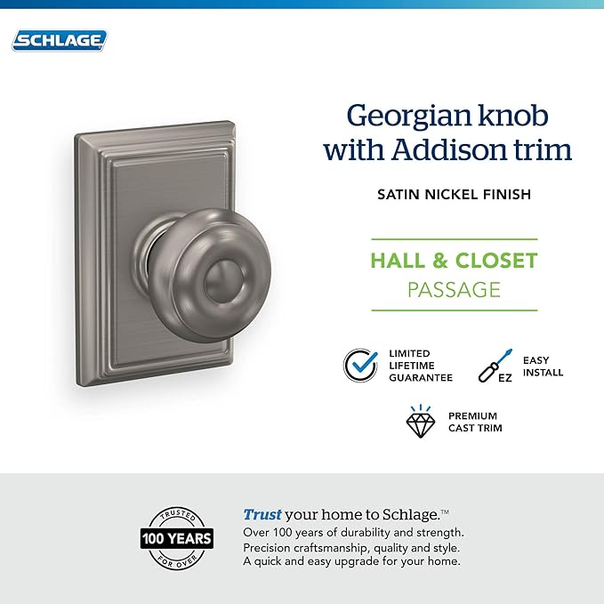 Schlage F10 GEO 619 ADD Georgian Door Knob with Addison Trim, Hall & Closet Passage Lock, Satin Nickel