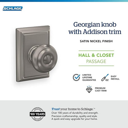Schlage F10 GEO 619 ADD Georgian Door Knob with Addison Trim, Hall & Closet Passage Lock, Satin Nickel