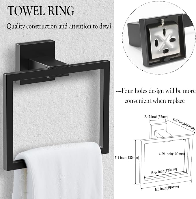 BOZWELL 5 Pieces Matte Black Bathroom Hardware Accessories Set Square Towel Racks for Bathroom 23.6 inch Stainless Steel Towel Bar Set Wall Mounted