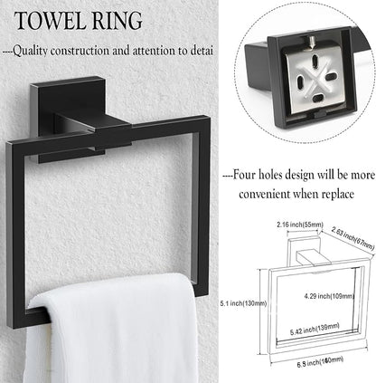 BOZWELL 5 Pieces Matte Black Bathroom Hardware Accessories Set Square Towel Racks for Bathroom 23.6 inch Stainless Steel Towel Bar Set Wall Mounted