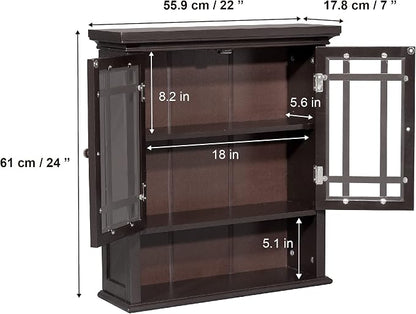 Teamson Home Neal Wooden Over The Toilet Bathroom Removable Wall Medicine Cabinet with 1 Fixed and 1 Adjustable Shelf 3 Storage Spaces 2 Glass Mosaic Doors and Crystal-Cut Acrylic Knobs, Espresso | Bathroom Kitchen Storage Space Saver, 2 Doors and 1 Op...
