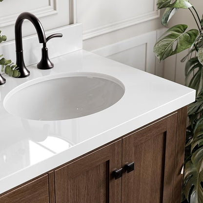 ARIEL Cambridge 66-inch Bathroom Vanity with Sink,Solid Wood, 1.5-inch Pure White Quartz Countertop & Backsplash, Double Oval Porcelain Sink, 4 Soft Closing Doors, 6 Dovetail Drawers, Brown Oak