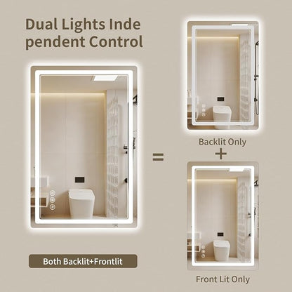 24"x32" LED Bathroom Mirror with Lights, Backlit + Front Lit, Anti-Fog, Lighted Bathroom Mirror for Wall, HD Shatterproof Tempered Glass, Dimmable, Memory Function (Horizontal/Vertical)