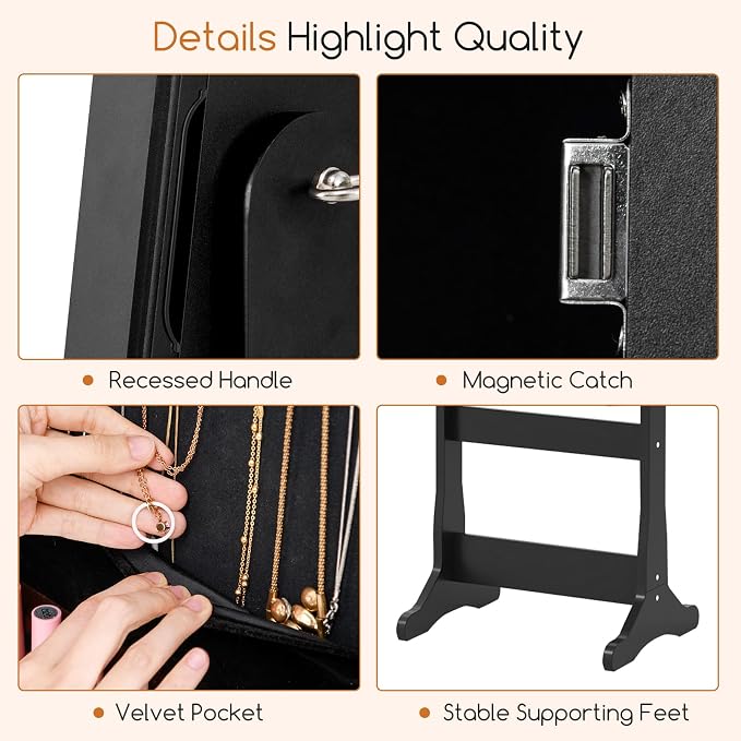 Giantex Standing Jewelry Armoire, Lockable Jewelry Cabinet with Full Length Mirror, LED Lights, 4 Tilt Angle Adjustable, Mirror with Jewelry Storage, Standing Jewelry Organizer with Drawers, Black