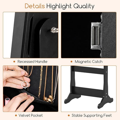 Giantex Standing Jewelry Armoire, Lockable Jewelry Cabinet with Full Length Mirror, LED Lights, 4 Tilt Angle Adjustable, Mirror with Jewelry Storage, Standing Jewelry Organizer with Drawers, Black