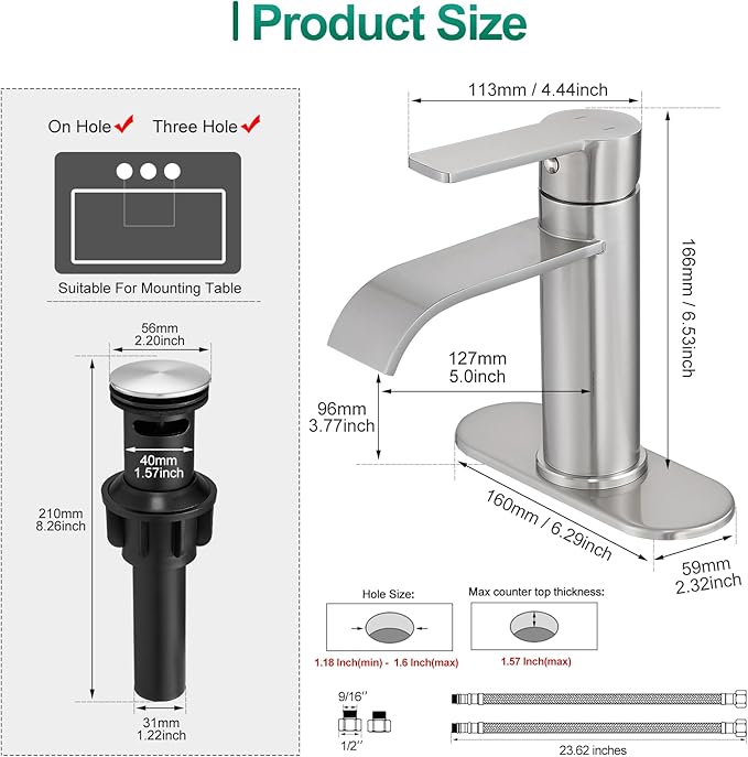 VOTON Waterfall Bathroom Faucet Brushed Nickel, Single Handle 1 or 3 Hole Modern Sink Faucet with Deck Plate & Pop-Up Drain, Vanity Washbasin Tap