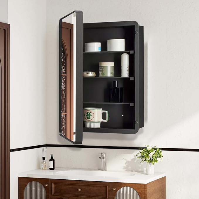 20’’x30’’ Medicine Cabinet,Metal Framed Medicine Cabinet Mirror with Round Corner,Recessed and Surface Mount Bathroom Mirror with Storage, Removeable Shelves,Dark Gray Frame