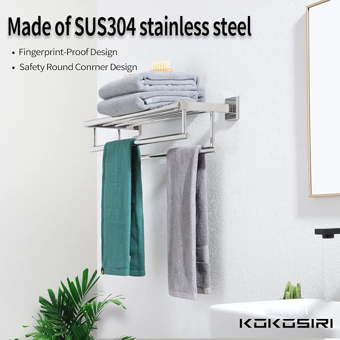 KOKOSIRI Bath Towel Rail Bathroom Towel Rack Towel Holder 24 Inch Towel Shelf with Double Towel Bars Wall Mounted SUS 304 Stainless Steel, Polished Chrome, B6005CH-L24