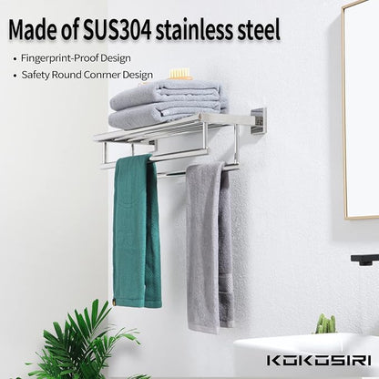 KOKOSIRI Bathroom Towel Rack Towel Holder 20 Inch Towel Shelf with Double Towel Bars Wall Mounted SUS 304 Stainless Steel, Polished Chrome, B6005CH-L20