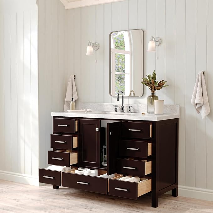 ARIEL Cambridge 54-inch Bathroom Vanity with Sink,Solid Wood, 1.5-inch Italian Carrara Marble Countertop, Single Rectangular Porcelain Sink, 2 Soft Closing Doors, 9 Dovetail Drawers, Espresso