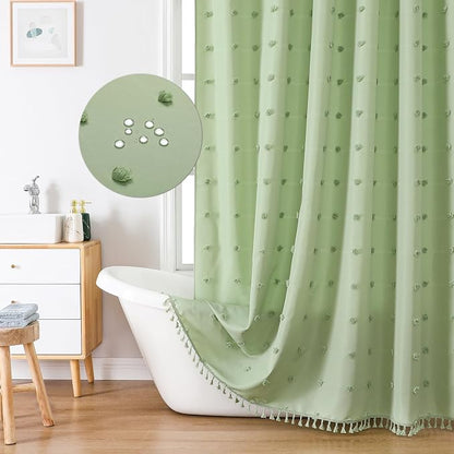 LilyCat Green Farmhouse Tufted Floral Shower Curtain with Tassel, 72" x 78" | Waterproof Boho Fabric Shower Curtain Set with Hooks, Cute Rustic Vintage Bathroom Décor, Minimalist Cloth Bathroom Curtain