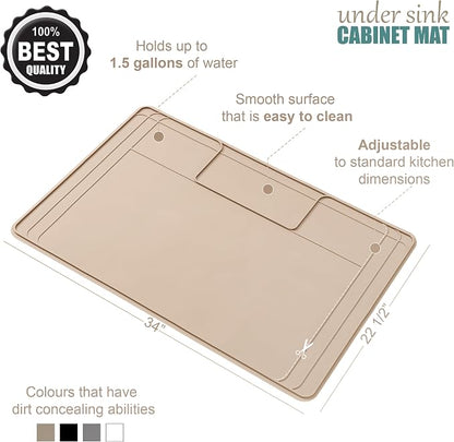 The Original Under Sink Mat - Silicone Waterproof mat, Trimmable, Easy to Clean, Kitchen cabinet liner, Under sink protector mats, Drip Tray with Lip - 34" x 22" or smaller - Beige