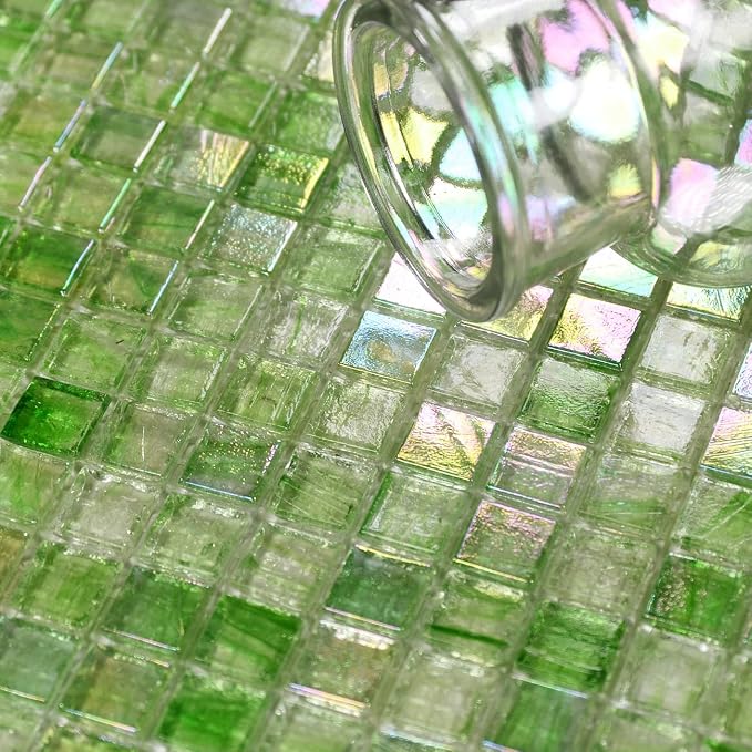 5.75 Sq.Ft Iridescent Green Glass Mosaic Tile for Bathroom, Backsplash | Waterproof Wall & Floor Tile. Heat & frost resistant outdoors, Swimming Pool, Fireplace, Restaurants, Hotels, Laundry, 10pcs.