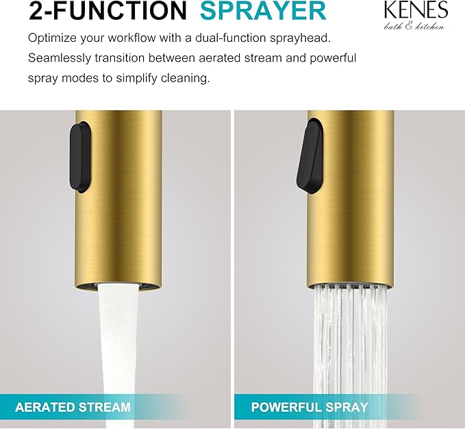 KENES Brushed Gold Centerset Bathroom Faucet with Pull Out Sprayer, 4 Inch 2 Handle Pull Down Bathroom Faucet 3 Hole, Bathroom Sink Faucet with Pop Up Drain & Supply Lines LJ-9069-4