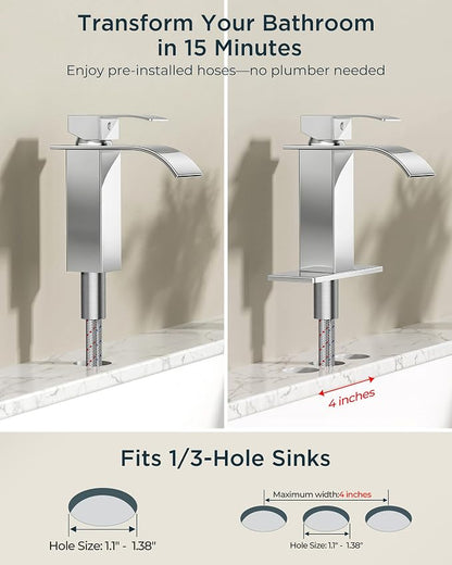 FORIOUS Bathroom Faucet 1 Hole, Waterfall Vanity Sink Faucet Chrome | Bathroom Sink Faucet 1 or 3 Hole, Square Single Handle with 24" cUPC Supply Line and Pop-up Drain, Fits RV Restroom Basin