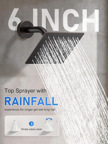 Woindo Shower Faucet Set, 10" Ceiling Mount Rainfall Shower System with 2 Rain Shower Head and Multi-function Handheld Head Push Button Diverter Shower Faucet Trim Kit