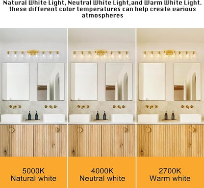 8 Light Gold Bathroom Light Fixtures, Modern Large Vanity Lights with Clear Glass Shade, Brushed Brass Bathroom Lighting Fixtures Over Mirror, Wall Scones Light for Bedroom, Living Room