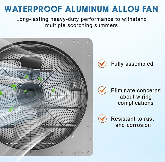 20" Wall-Mounted Shutter Exhaust Fan, 3500 CFM High-Speed Ventilation, 1500 RPM Low-Noise, Aluminum Blades & Automatic Shutter for Attic, Garage, Greenhouse, Workshop & Louvered Vent Applications
