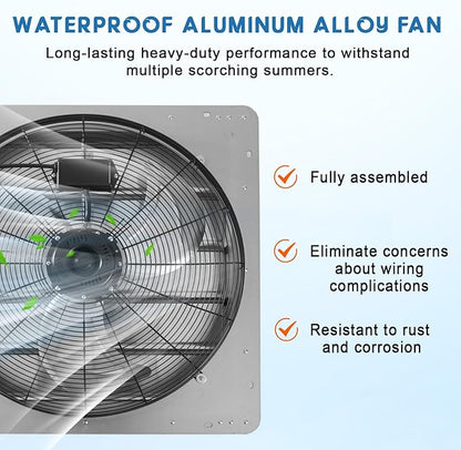 20" Wall-Mounted Shutter Exhaust Fan, 3500 CFM High-Speed Ventilation, 1500 RPM Low-Noise, Aluminum Blades & Automatic Shutter for Attic, Garage, Greenhouse, Workshop & Louvered Vent Applications