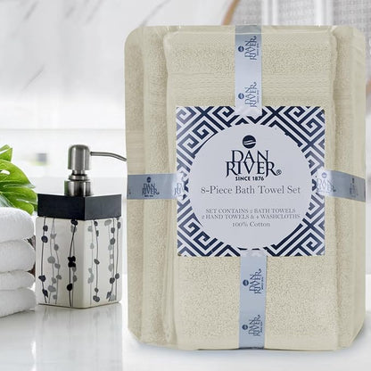 DAN RIVER 8 Piece Luxury Bath Towels for Bathroom, Towel Set, Ivory | 2 Bath towels, 2 Hand towels, and 4 Wash Cloths, 600 GSM 100% Ring Spun Cotton, Highly Absorbent, Gym, Hotel, guest, and Spa