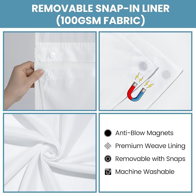 SORTTO No Hook Shower Curtain with Snap in Liner Set Waffle Shower Curtain for Bathroom Hotel Style Fabric Waterproof Inner Liner，71" W x 77" H, White
