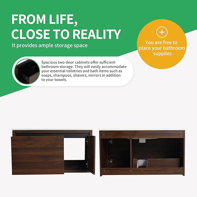36 Inch Bathroom Vanity with Sink,Wall Mounted Bathroom Vanity Sink Combo w/Soft Close Door&Drawer for Large Space,Modern Floating Bathroom Vanity w/Top Basin&Brown Storage Cabinet
