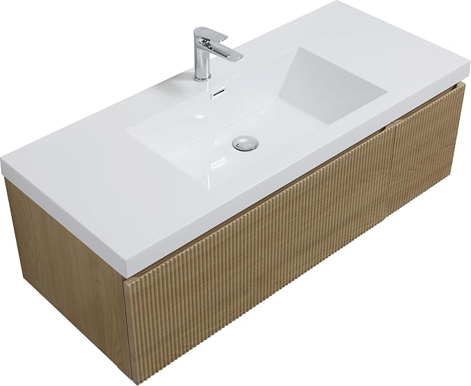 48 Inch Floating Bathroom Vanity with Sink, Modern Oak Wall Mounted Floating Vanity with Glossy Resin Sink, Soft Closing Drawer and Door, Fully Pre Assembled Bathroom Vanity, Natural Oak
