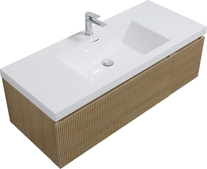 48 Inch Floating Bathroom Vanity with Sink, Modern Oak Wall Mounted Floating Vanity with Glossy Resin Sink, Soft Closing Drawer and Door, Fully Pre Assembled Bathroom Vanity, Natural Oak