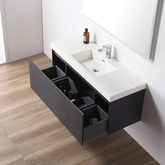 Blossom 48 Inch Bathroom Vanity with Sink | All Wood Wall Mounted Floating Bathroom Vanity Cabinet with Acrylic Sink, Soft-Close Drawer, Modern Minimalist Design Vanities (Night Blue Finish)