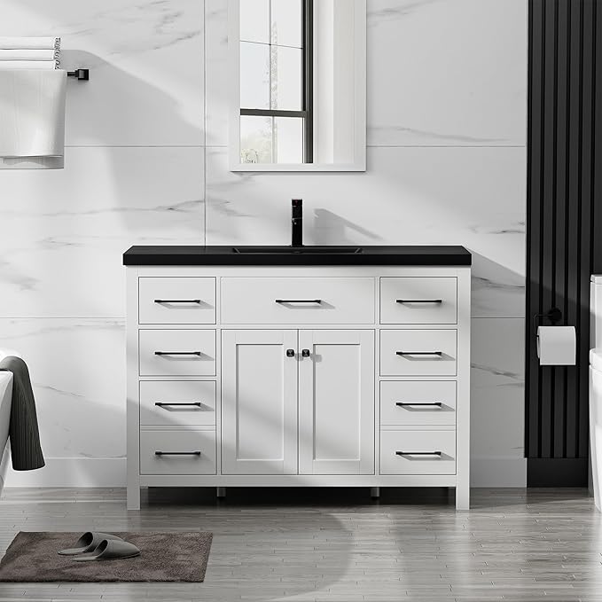 LUCKWIND 48" Modern Bathroom Vanity and Black Sink, Painted Bathroom Storage Cabinet with Single Resin Black Sink, Two Doors and Four Drawers, Include Faucet Without Mirror, White
