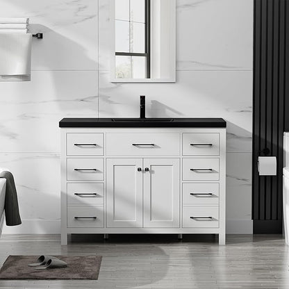 LUCKWIND 48" Modern Bathroom Vanity and Black Sink, Painted Bathroom Storage Cabinet with Single Resin Black Sink, Two Doors and Four Drawers, Include Faucet Without Mirror, White