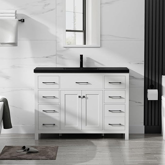 LUCKWIND 48" Modern Bathroom Vanity and Black Sink, Painted Bathroom Storage Cabinet with Single Resin Black Sink, Two Doors and Four Drawers, Include Faucet Without Mirror, White