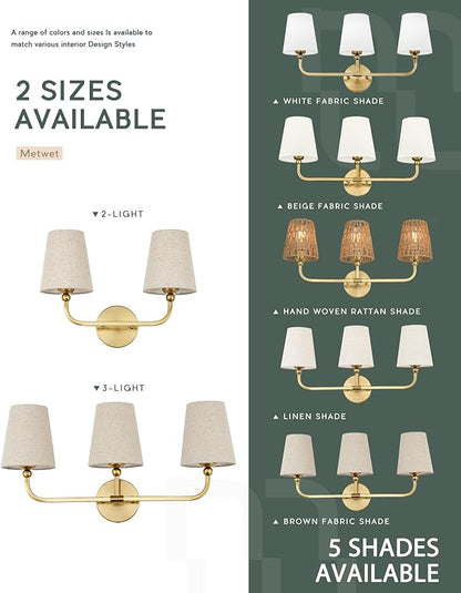3-Light Bathroom Light Fixtures, Brushed Gold Vanity Lights with Brown Fabric Shade, Modern Sconces Wall Lighting for Hallway Bedroom, Upward Lighting, VL837-BG-L-3