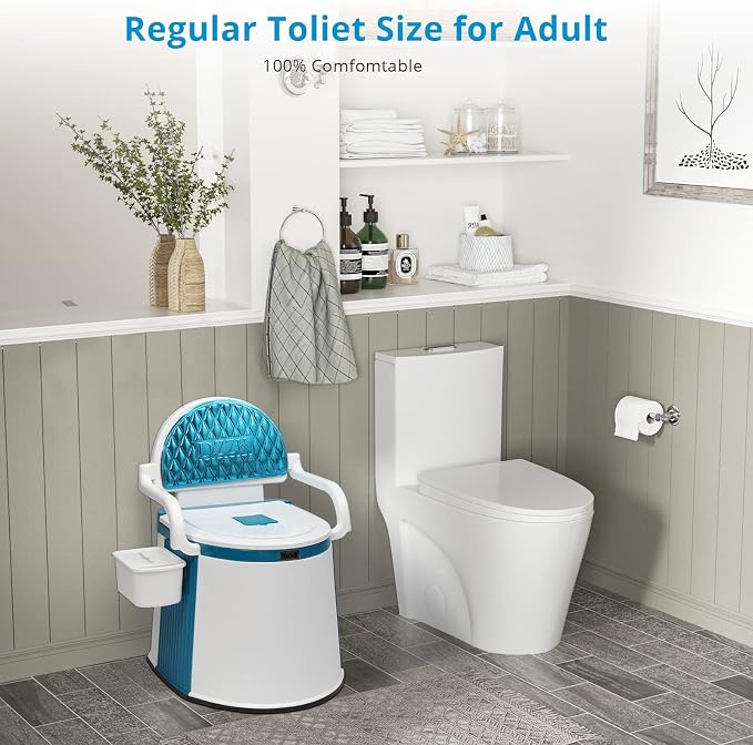 VINGLI Portable Toilet | Back & Handrail Design Commode with 5 Gallon Bucket Inner, Camping RV Toilet for Adult, Kids, Home, Boat, Van, Travel, Plastic, Blue & white