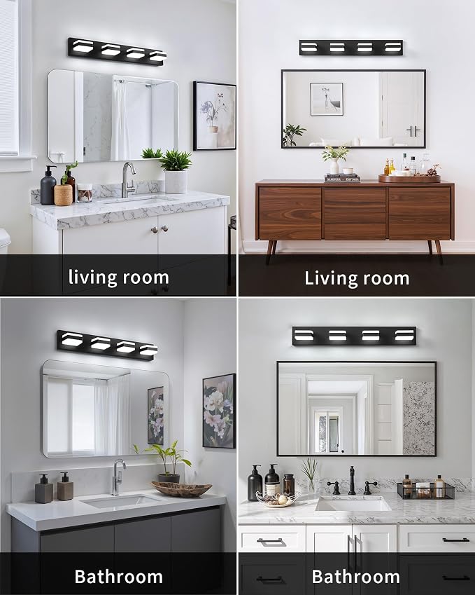 Bathroom Lighting Fixtures Over Mirror, 4 Light Black Vanity Light | Cool White, 5000K, Modern Vanity Wall Lights for Bath, Dressing Room, Restroom, 29.5 inch