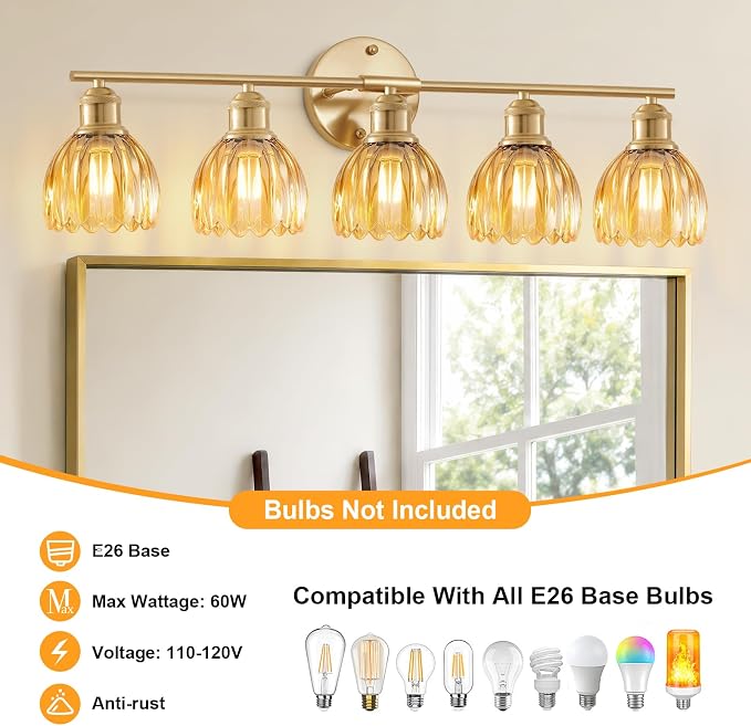 Bathroom Light Fixtures, 5-Light Brushed Gold Vanity Lights for Bathroom with Amber Tulip Glass Shade, 30" Vintage Bathroom Vanity Lighting Fixtures Over Mirror for Bedroom Living Room Hallway