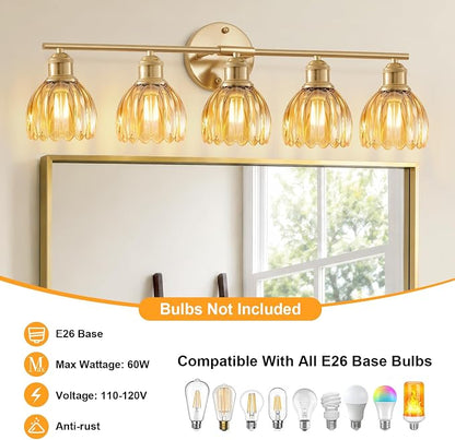 Bathroom Light Fixtures, 5-Light Brushed Gold Vanity Lights for Bathroom with Amber Tulip Glass Shade, 30" Vintage Bathroom Vanity Lighting Fixtures Over Mirror for Bedroom Living Room Hallway