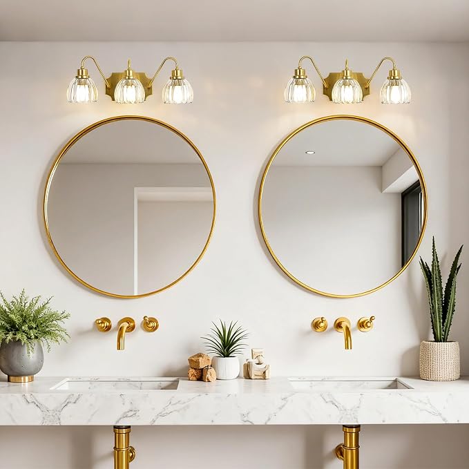 3-Light Bathroom Vanity Light, Gold Vanity Light, Antique Brass Sconces with Tulip Glass Shade, Mid Century Hardwired Wall Sconces for Bedroom, Living Room, Hallway