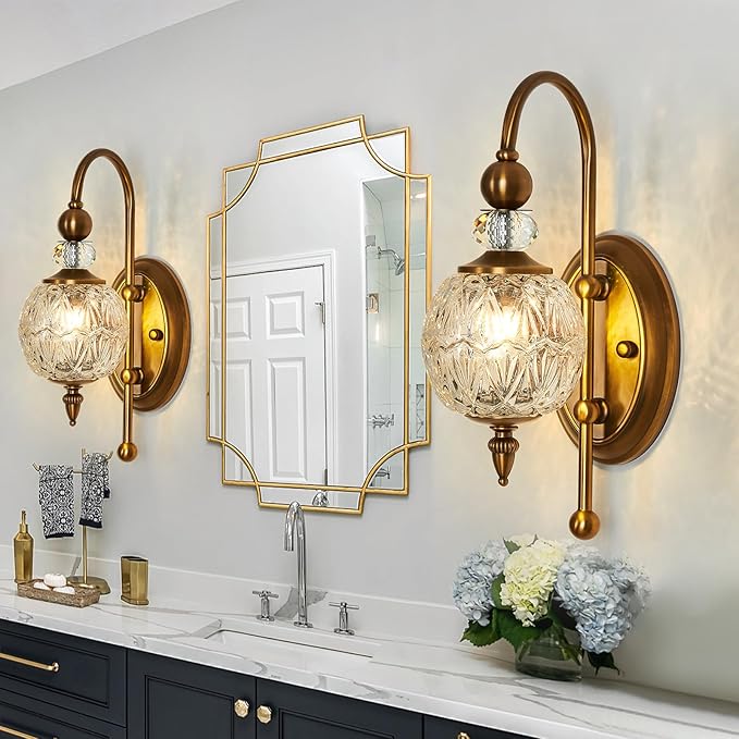 Vintage Gold Wall Sconce Set of Two Mid Century Brushed Brass with Glass Globe Shade Vanity Light Indoor G9 Bulb Wall Light for Bathroom Farmhouse Bedroom Living Room Hallway