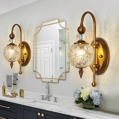Vintage Gold Wall Sconce Set of Two Mid Century Brushed Brass with Glass Globe Shade Vanity Light Indoor G9 Bulb Wall Light for Bathroom Farmhouse Bedroom Living Room Hallway