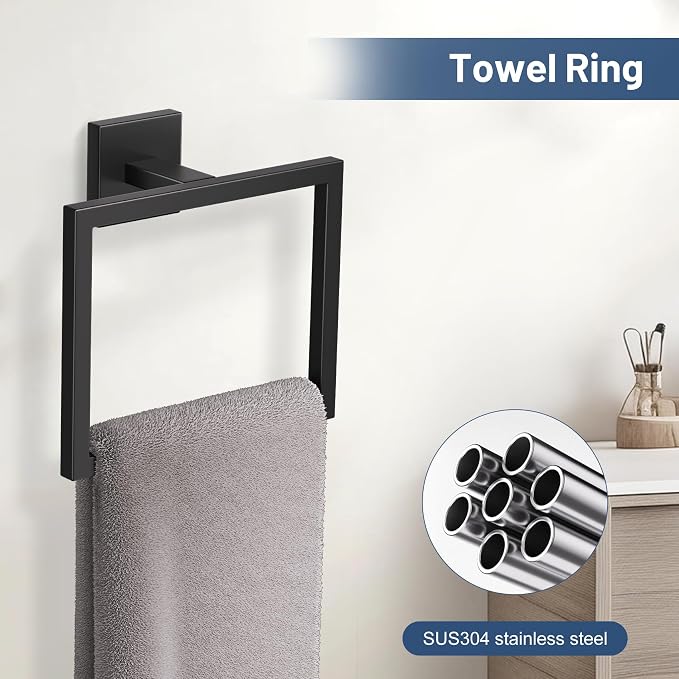 TURS 5-Pieces Matte Black Bathroom Hardware Accessories Set 23.6" Towel Bar Set Wall Mounted Square Toilet Paper Holder with Shelf Stainless Steel