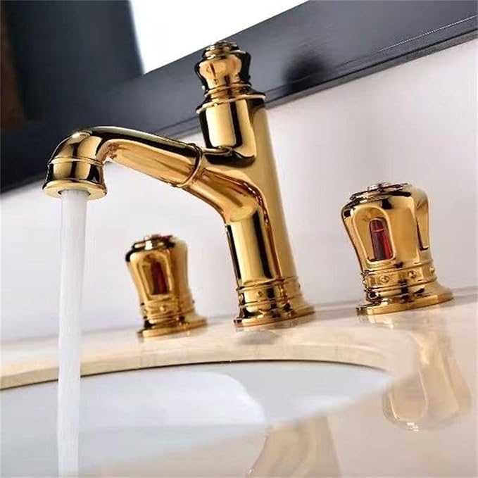 3 Hole Pull Out Faucet for Bathroom Sink European Retro Restroom Faucet 2 Knobs,Gold