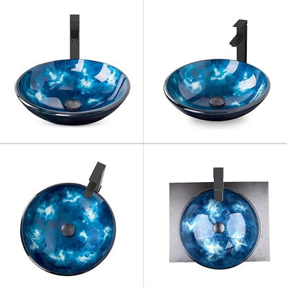 Bathroom Artistic Vessel Sink, Tempered Glass Vanity Round Bowl, Ocean Blue | Black Faucet, Pop Up Drain, Above Counter, Easy Clean