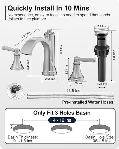 Brass Waterfall Bathroom Faucets, Brushed Nickel Bathroom Faucet 4-16 Inch, 2 Handle Widespread Bathroom Sink Faucet 3 Hole with Pop Up Drain and Supply Lines