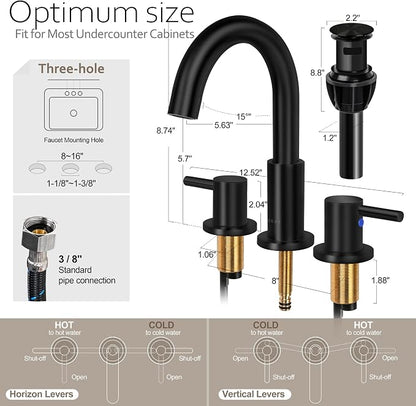 SOKA 8-16" Widespread Bathroom Faucet Matte Black Bathroom Sink Faucet 2 Handle Morden Bathroom Faucet for Sink 3 Hole Industrial Commercial Vanity Faucet with Pop Up Drain,Matte Black + G