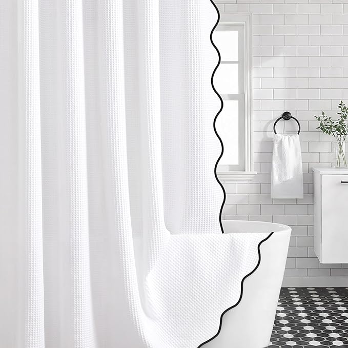 Extral Long Shower Curtains for Bathroom Waffle Scalloped Shower Curtain White Cotton 72''W × 84''L