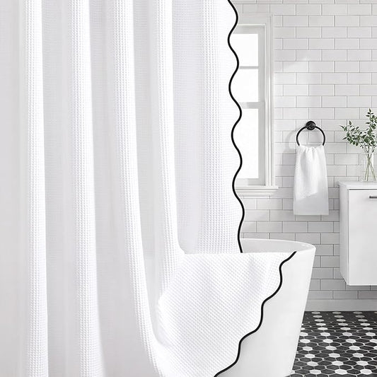 Extral Long Shower Curtains for Bathroom Waffle Scalloped Shower Curtain White Cotton 72''W × 84''L